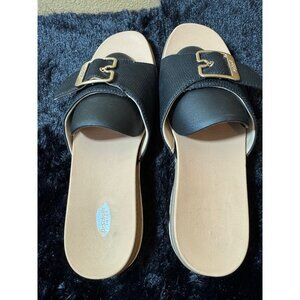 Dr. Scholls Womens Black Slide Sandals With Gold Buckle Accent Size 9M